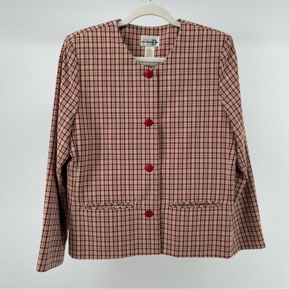Vintage Paul Harris Red Cream Plaid Button Front Blazer Jacket, Women's Medium